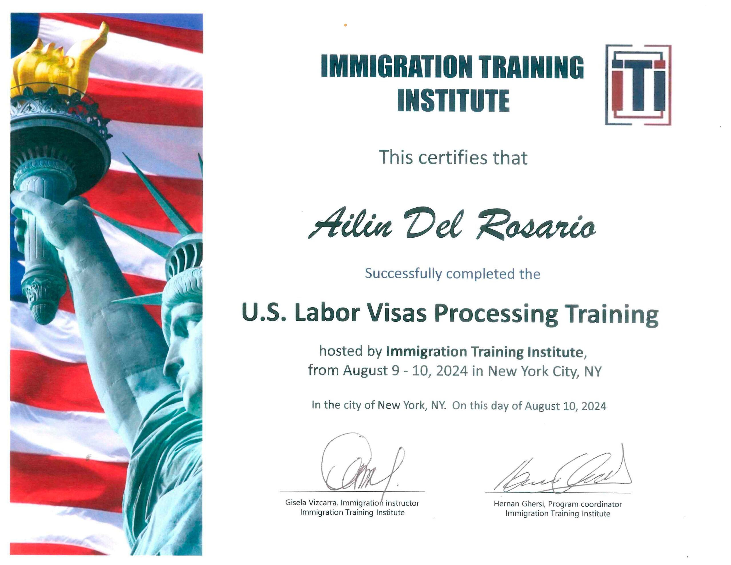 Certificado Labor Visas Processing Training