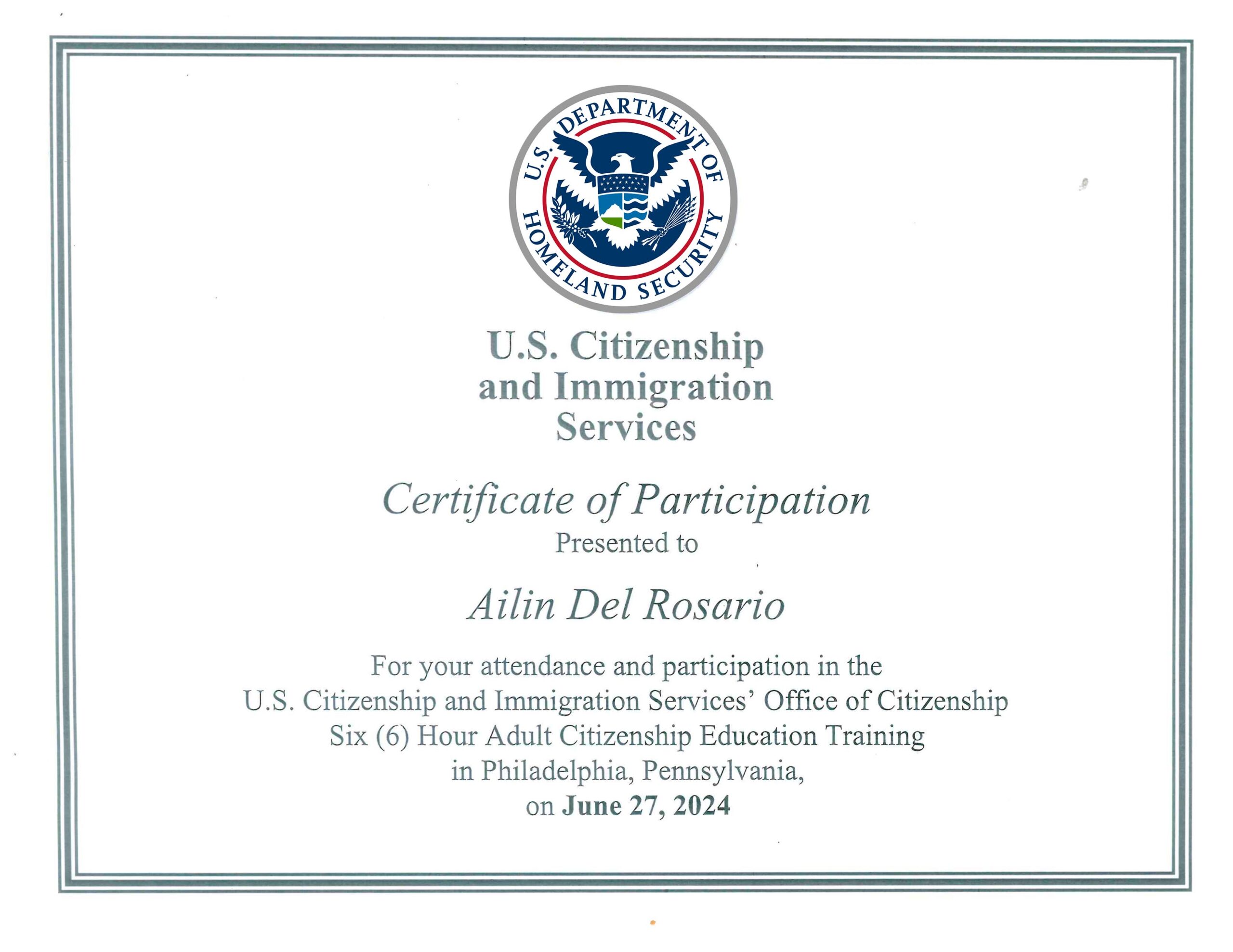 Certificado USCIS - Ailin Del Rosario